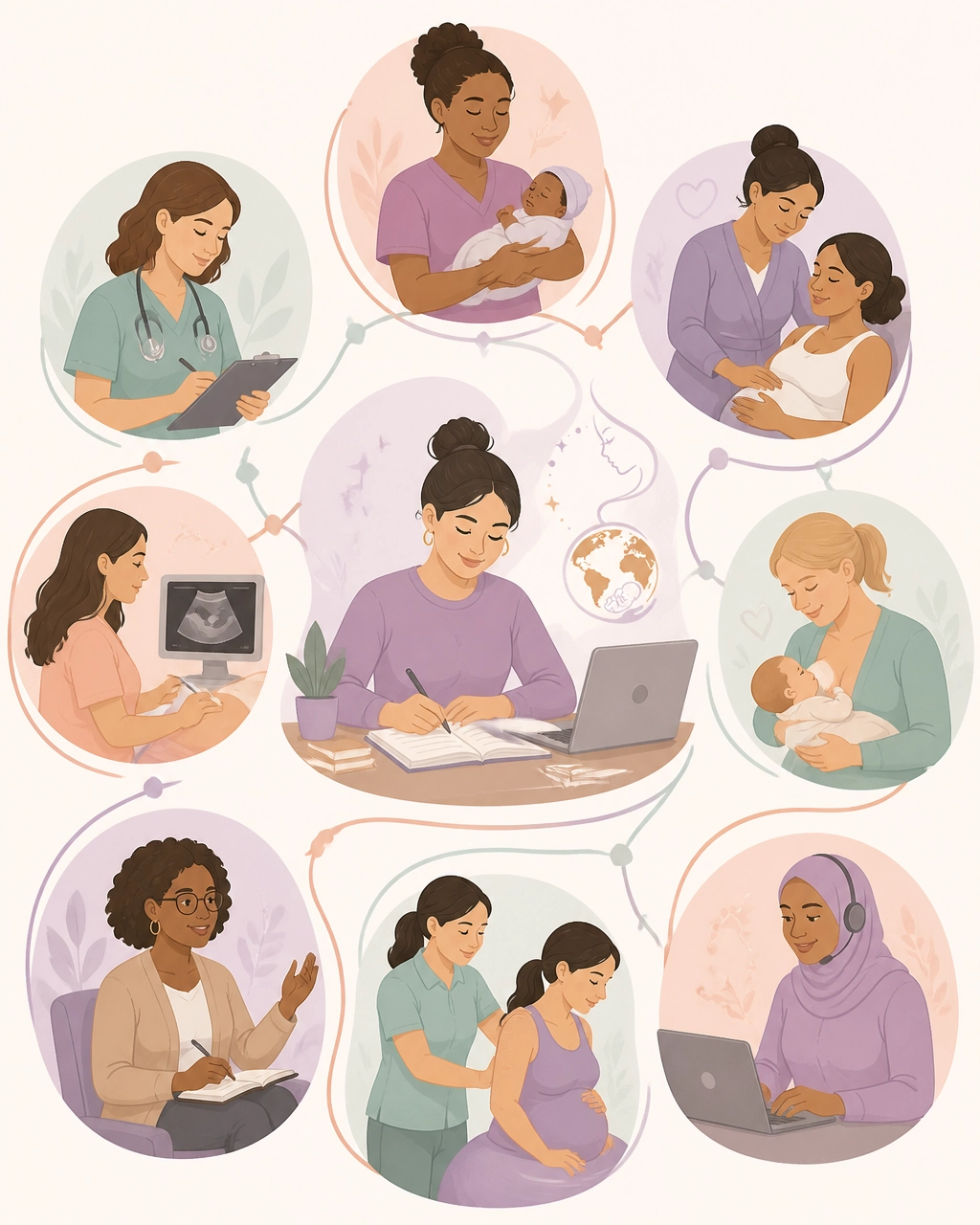 A diverse group of maternal wellness careers connected through a supportive learning network
