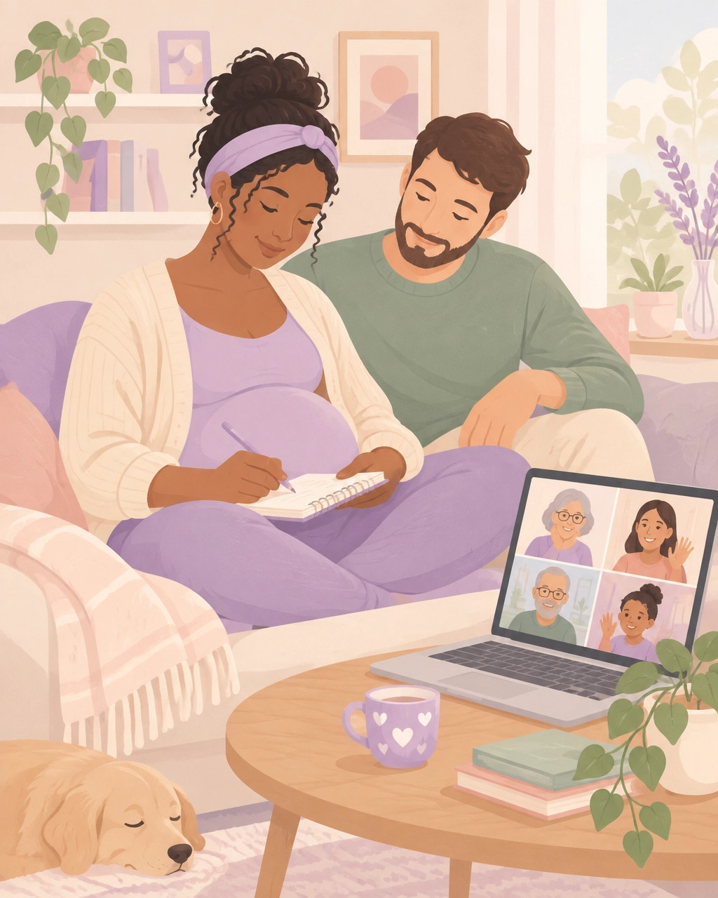Expectant mother writing questions in a notebook while loved ones join by video call